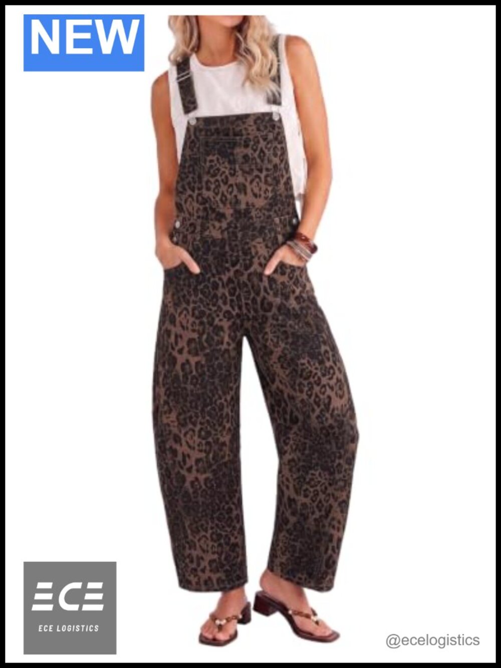 Leopard Print Barrel Leg Denim Overalls Loose Fit 90s Style